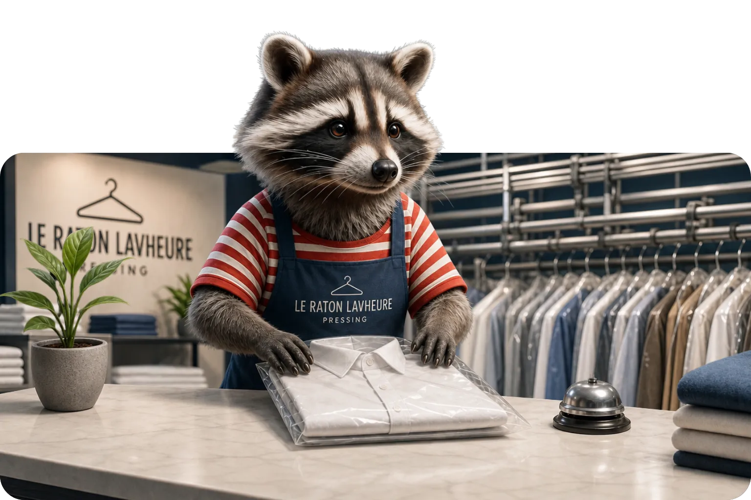 Atelier de pressing Le Raton Lavheure — linge professionnel plié et prêt à livrer.
