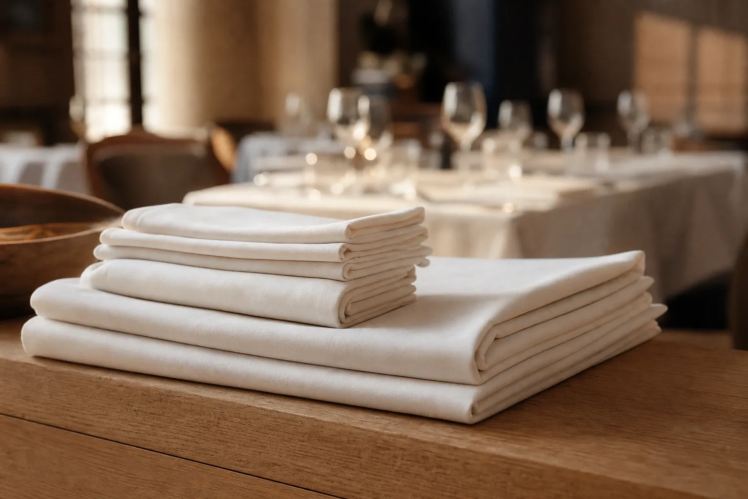Nappes blanches pliées sur un dressoir de restaurant — service Hospitalité du Raton Lavheure
